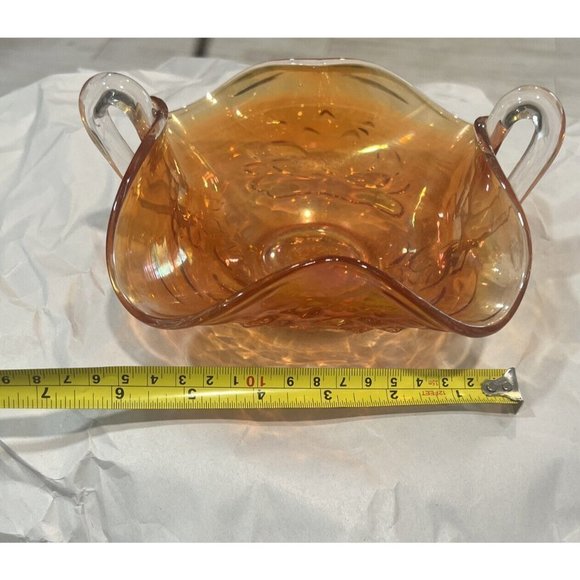 Vintage Orange Carnival Glass Candy Dish with 2 Handles Flower Lotus Water Lilly - Picture 5 of 6